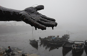 Chińczycy zbierają plamę ropy gołymi rękoma