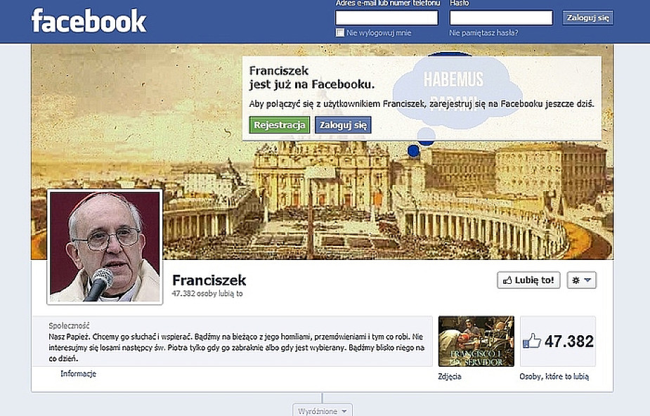 Papież Franciszek zdobywa fanów na Facebooku
