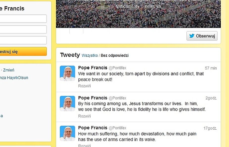 Papież Franciszek po raz kolejny apeluje o pokój