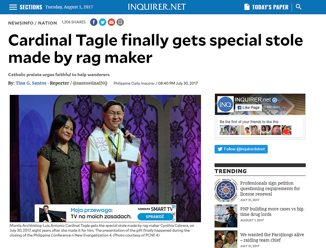 Filipiny: kobieta ze slumsów podarowała kardynałowi Tagle stułę z resztek materiałów - zdjęcie w treści artykułu