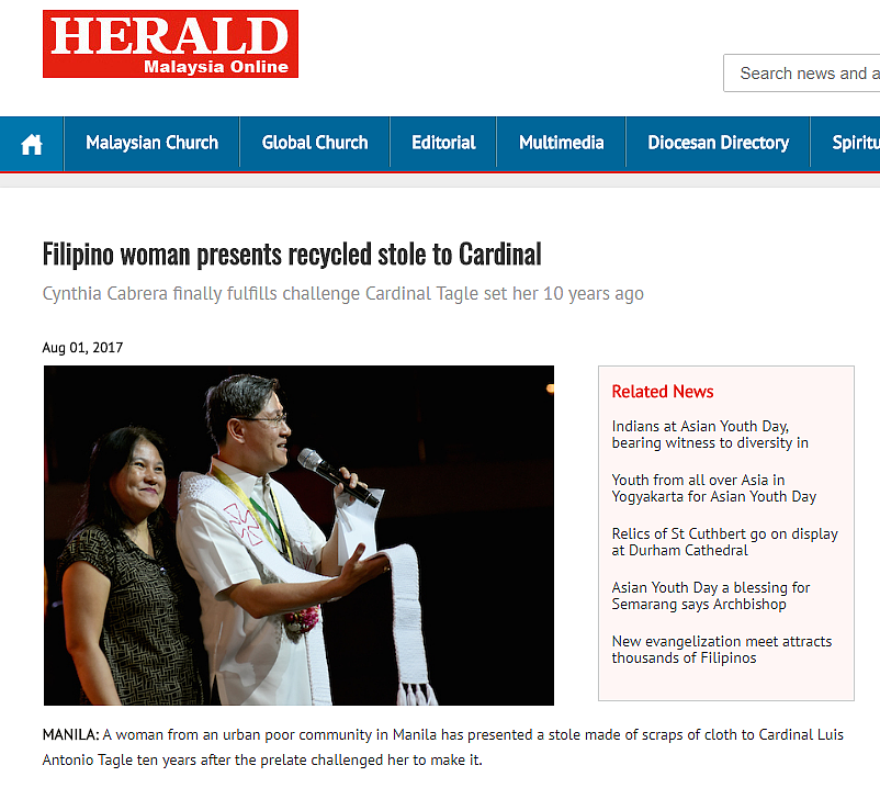 Filipiny: kobieta ze slumsów podarowała kardynałowi Tagle stułę z resztek materiałów - zdjęcie w treści artykułu nr 1