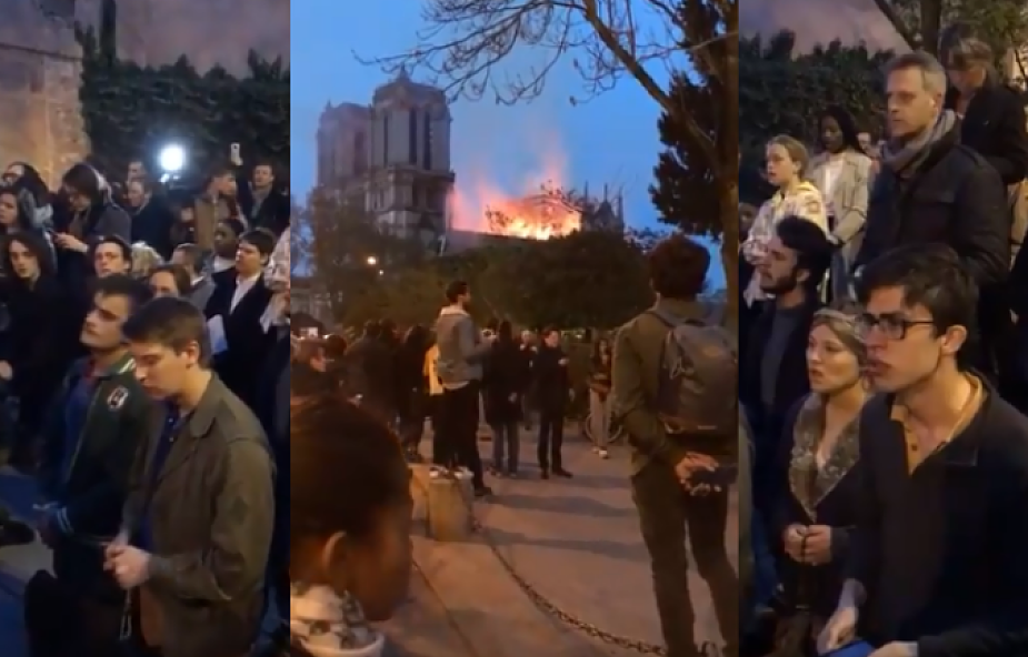 Spontaniczna modlitwa paryżan przed płonącą katedrą. Wzruszający obraz z tragedią w tle [WIDEO]