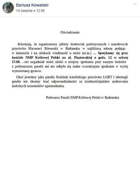 Proboszcz jednej z polskich parafii odcina się od przeciwników LGBT. Wydał oświadczenie - zdjęcie w treści artykułu
