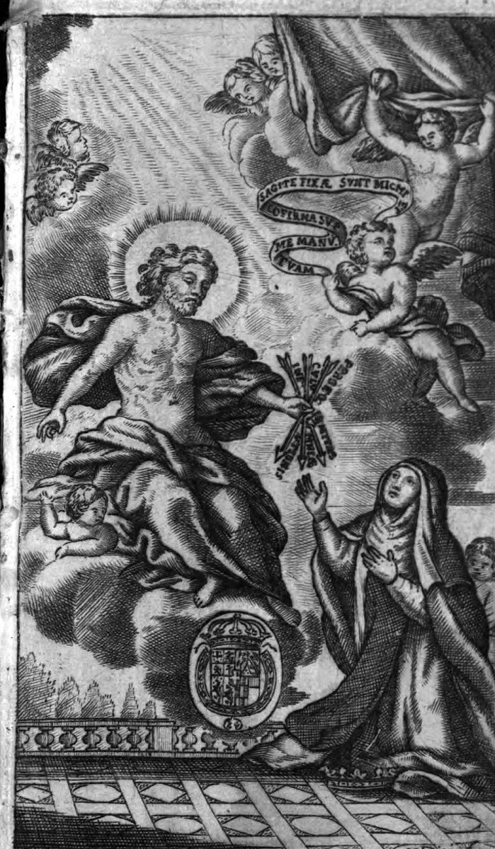 Bł. Małgorzata otrzymuje od Chrystusa trzy strzały - Name of engraver unknown., Public domain, via Wikimedia Commons