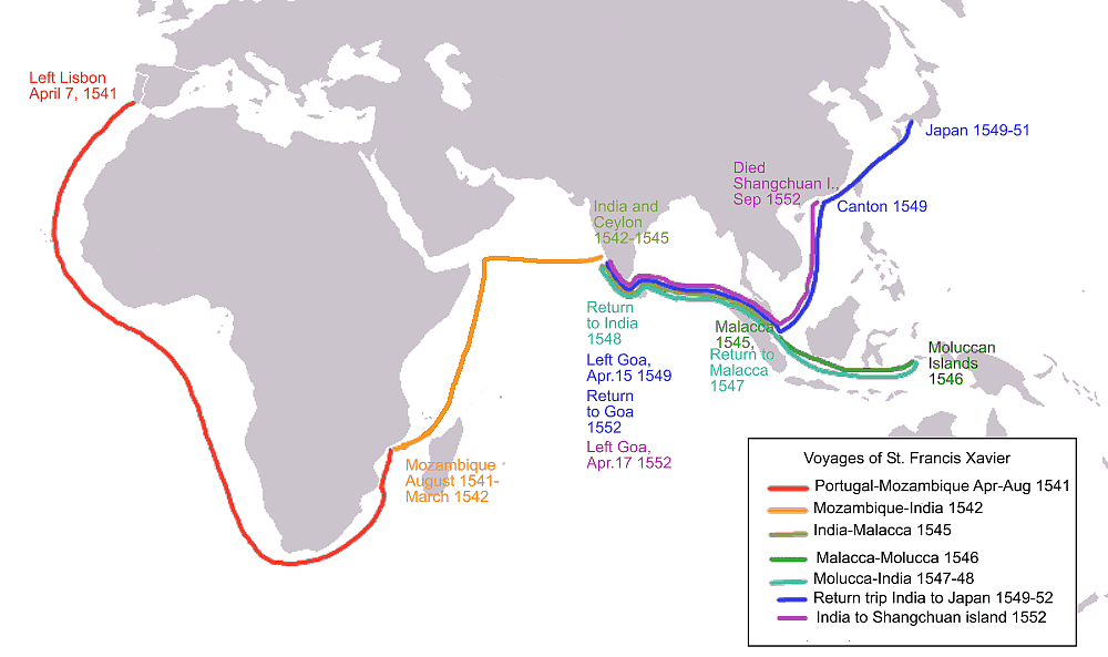 Mapa podróży misyjnych św. Franciszka - www.wikipedia.org