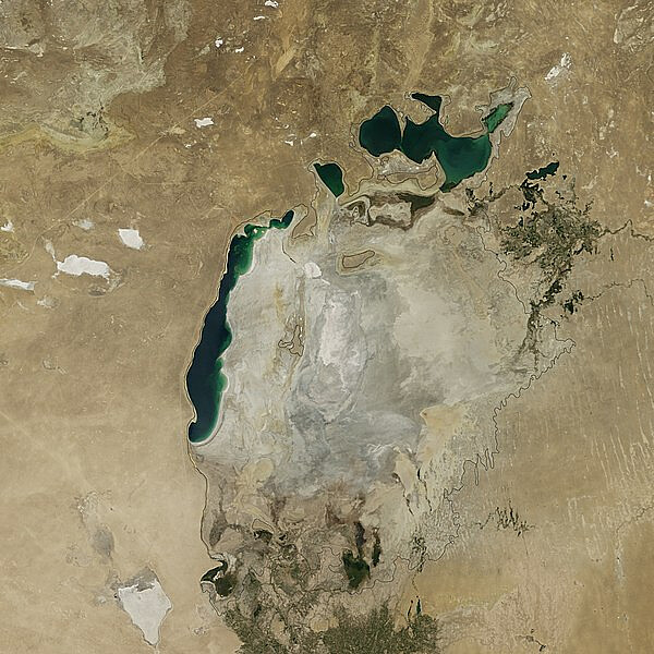 Fot. domena publiczna / commons.wikimedia.org / Basen Jeziora Aralskiego w sierpniu 2014. Czarna linia oznacza linię brzegową z lat 60. XX w.