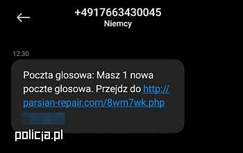 Zrzut ekranu ukazujący fałszywą wiadomość. Źródło: Polska Policja.