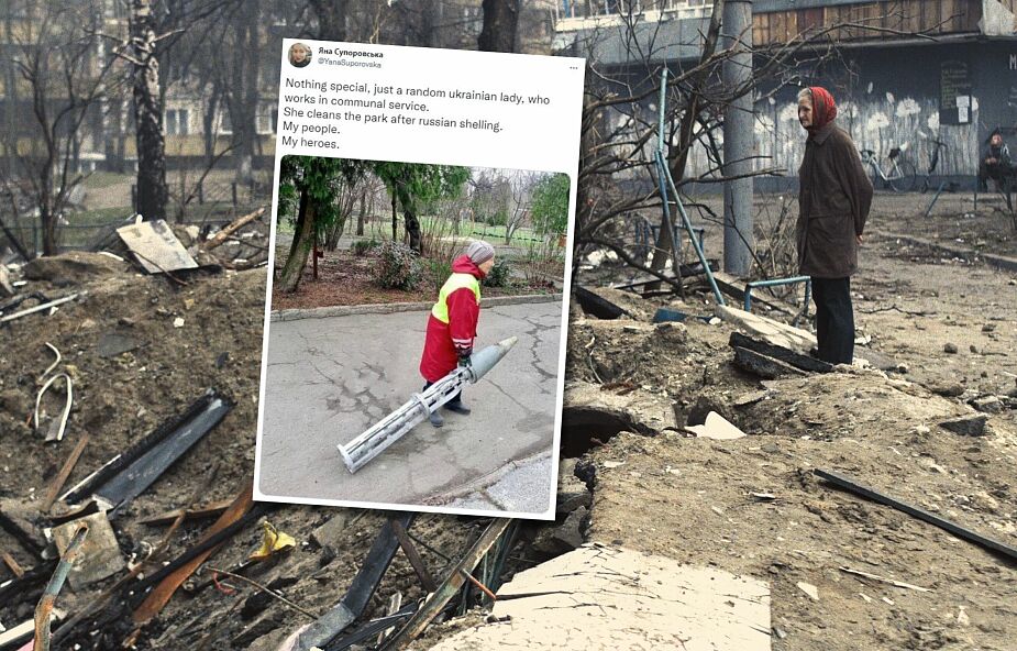 Starsza, dzielna kobieta sprząta park z rosyjskich pocisków