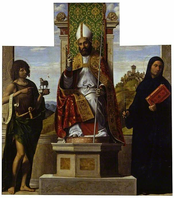 Bł. Lanfrank w otoczeniu św. Jana Chrzciciela i św. Liberiusza - Giovanni Battista Cima da Conegliano, Public domain, via Wikimedia Commons