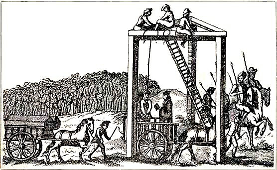 Szubienica Tyburn - rycina miejsca kaźni męczenników angielskich - NN, Public domain, via Wikimedia Commons