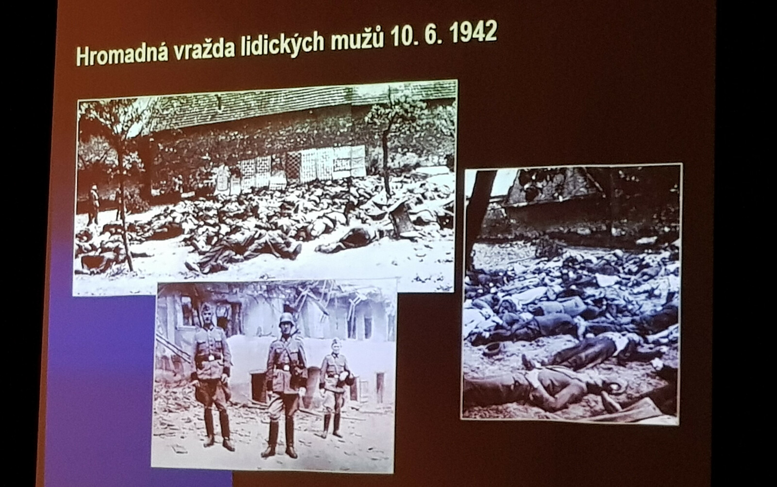 Archiwalne zdjęcia z pacyfikacji Lidic - rozstrzelani meżczyźni. Materiał z prezentacji dr. Eduarda Stehnika