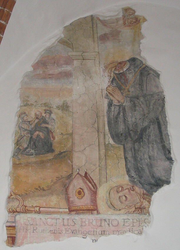 Fresk z opactwa Św. Krzyż przedstawiający śmierć Brunona z Kwerfurtu - Goku122, via Wikimedia Commons.